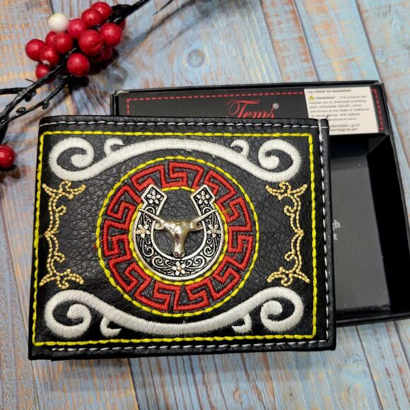 Longhorn Horseshoe Men's Wallet Embroidered Faux Leather Mexican Cartera In Box
